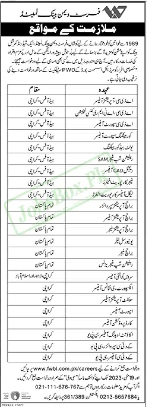 First Women Bank Limited FWBL Jobs Advertisement 2023