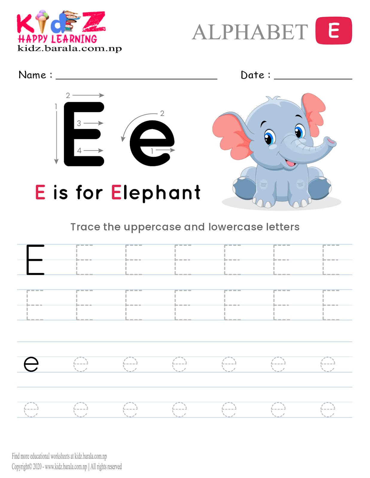 Alphabet E tracing worksheet free download .pdf