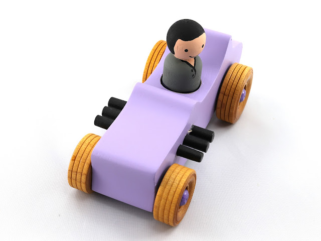 Handmade Wood Toy Car Hot Rod 1927 T-Bucket, Handmade and Panted with Purple and Metallic Purple Acrylic Paint and Amber Shellac With Peg Doll