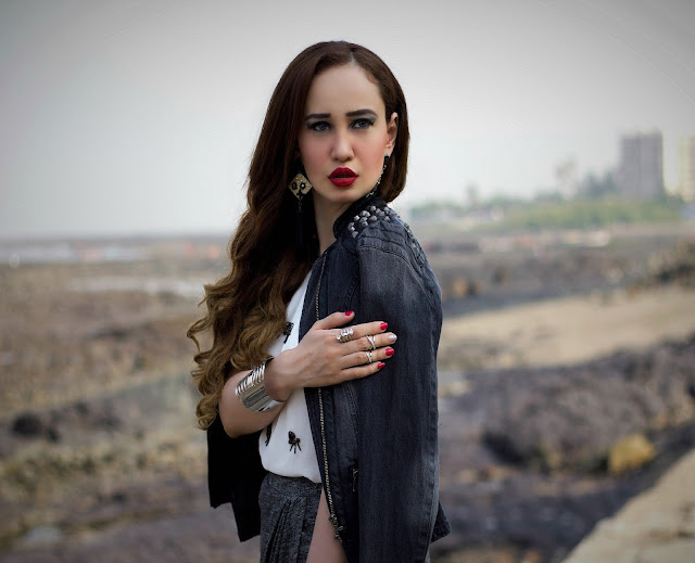 ONLY Denim Biker Jacket, Embellished White Top, Grey Drape Skirt, edgy Party Look, silver cuff bracelet, MAC Russian Red Lipstick