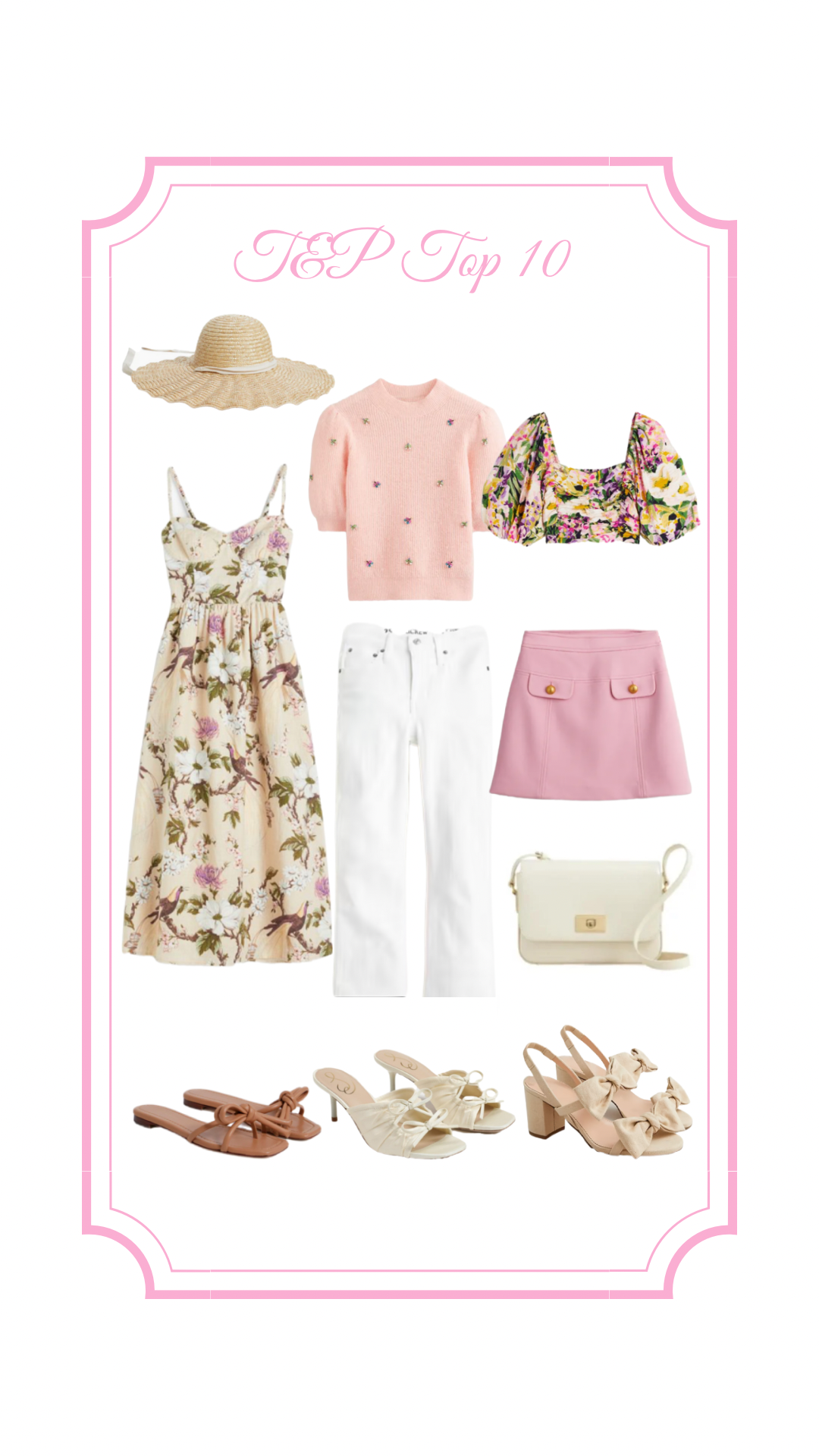 floral dress, straw hat, bow heels, loeffler Randall mules, pink short sleeve sweater, bode sweater, white jeans, bow heels, white cross body bag, white bag, pink skirt, boden sweater, boden skirt, h&m floral top, spring outfit, feminine spring outfit, bow heels