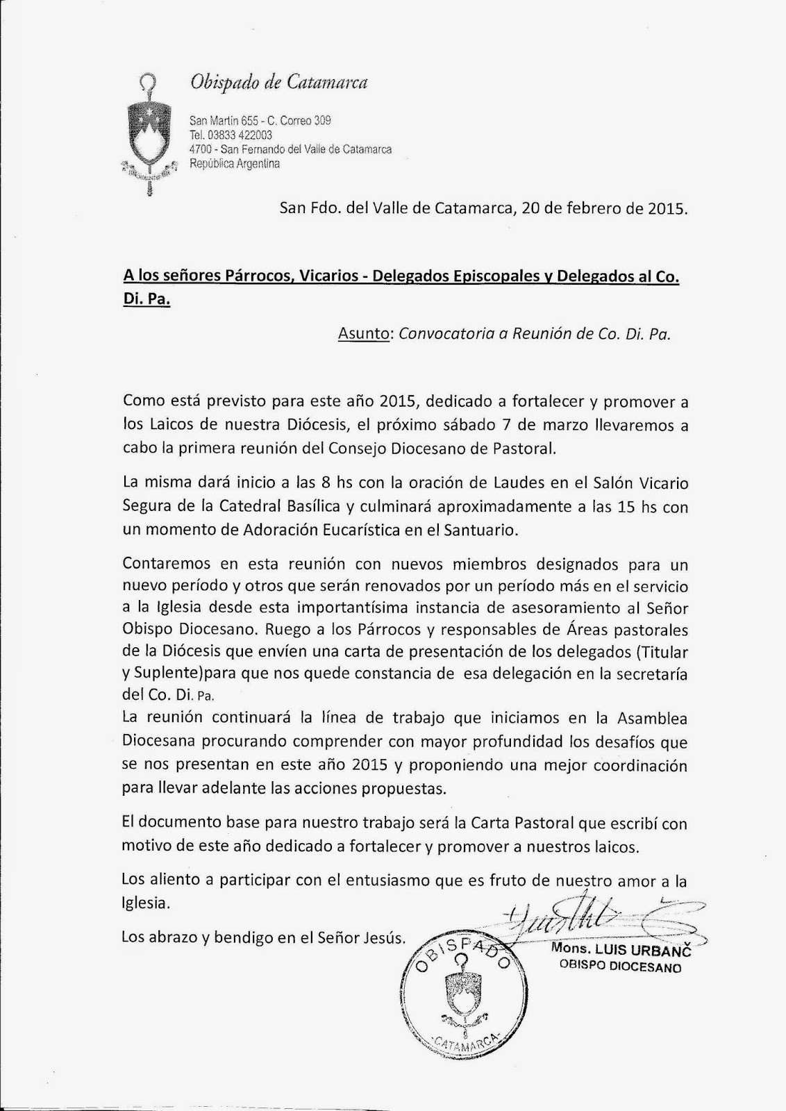 Prensa Obispado de Catamarca: Carta de convocatoria a la 