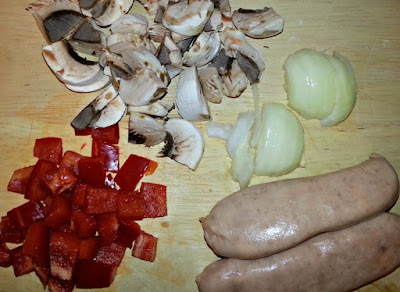 Omelette ingredients; peppers, sausages, mushrooms, onion