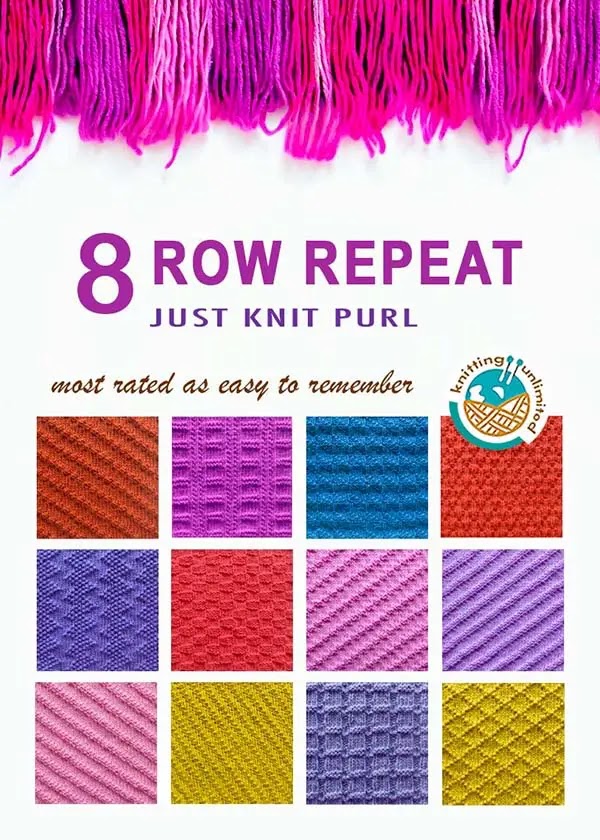 8-row repeat Knit Purl Patterns, most rated as easy to remember.