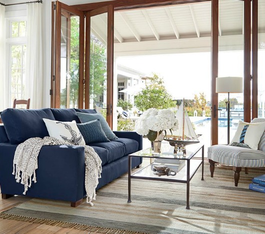 Nautical Living Room with Navy Blue Sofa from Pottery Barn