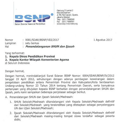 Surat Edaran BSNP Penandatangan SKHU Tahun 2017