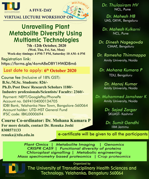 Workshop on  UNRAVELLING PLANT METABOLITE DIVERSITY USING MULTIOMIC TECHNOLOGIES | 7th-12th October 2020