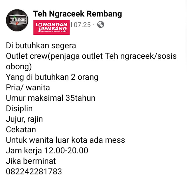 Lowongan Kerja Pegawai Penjaga Outlet Teh Ngraceek Sosis Obong Rembang Tanpa Syarat Ijazah
