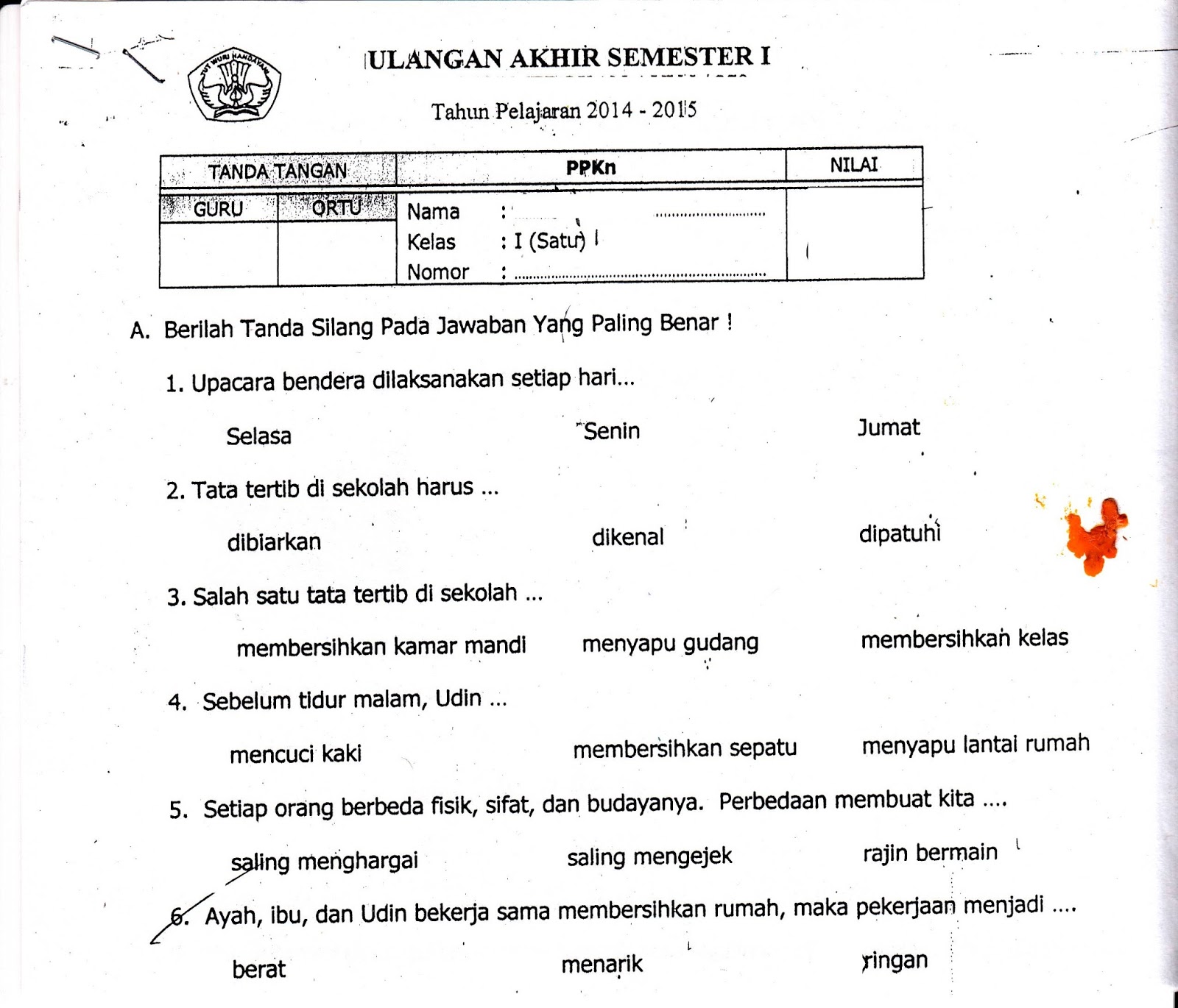 UAS Ujian Akhir Semester PPKN SD Kelas 1 Semester Ganjil TA 2014 2015 Kurikulum 2013