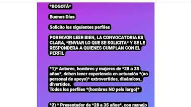 BOGOTÁ: Se buscan ACTORES y ACTRICES de 28 a 35 años de edad para proyecto