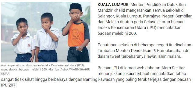 jerebu - sekolah ditutup di KL, selangor, negeri sembilan, melaka, putrajaya