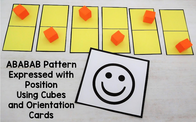 In the photo, orientation cards with a horizontal line dividing them in half are displayed. Bear counters are positioned either in the top or bottom half of each orientation card, creating an ababab pattern. This activity encourages children to recognize and explore patterns based on the positioning of the bear counters on the cards.