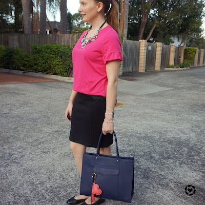 awayfromtheblue instagram | hot pink frill sleeve tee black pencil skirt navy MAB tote bag office style