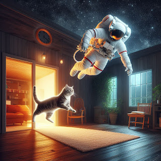 Designer - astronaut flying inside a house being chased by a cat2