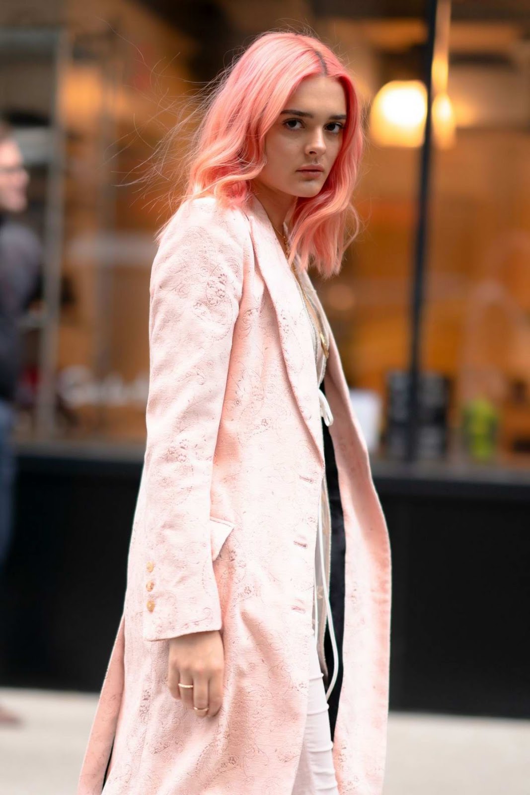 Charlotte Lawrence in Pink Ensemble Street Style Outfit in New York City