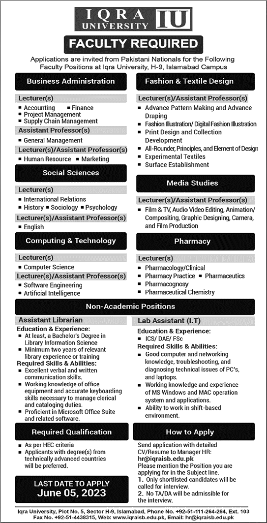 Iqra University Islamabad Jobs 2023 - Latest Teaching Jobs 2023