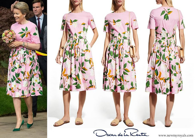 Queen Mathilde wore Oscar de la Renta Degrade Magnolia Flower Print Belted Poplin Dress