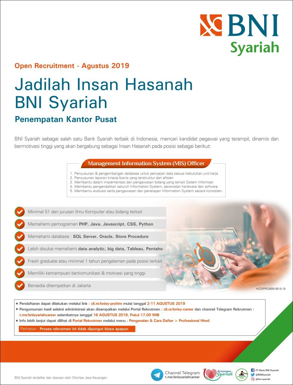 Lowongan Kerja MIS Officer Bank BNI Syariah Sampai 11 Agustus 2019