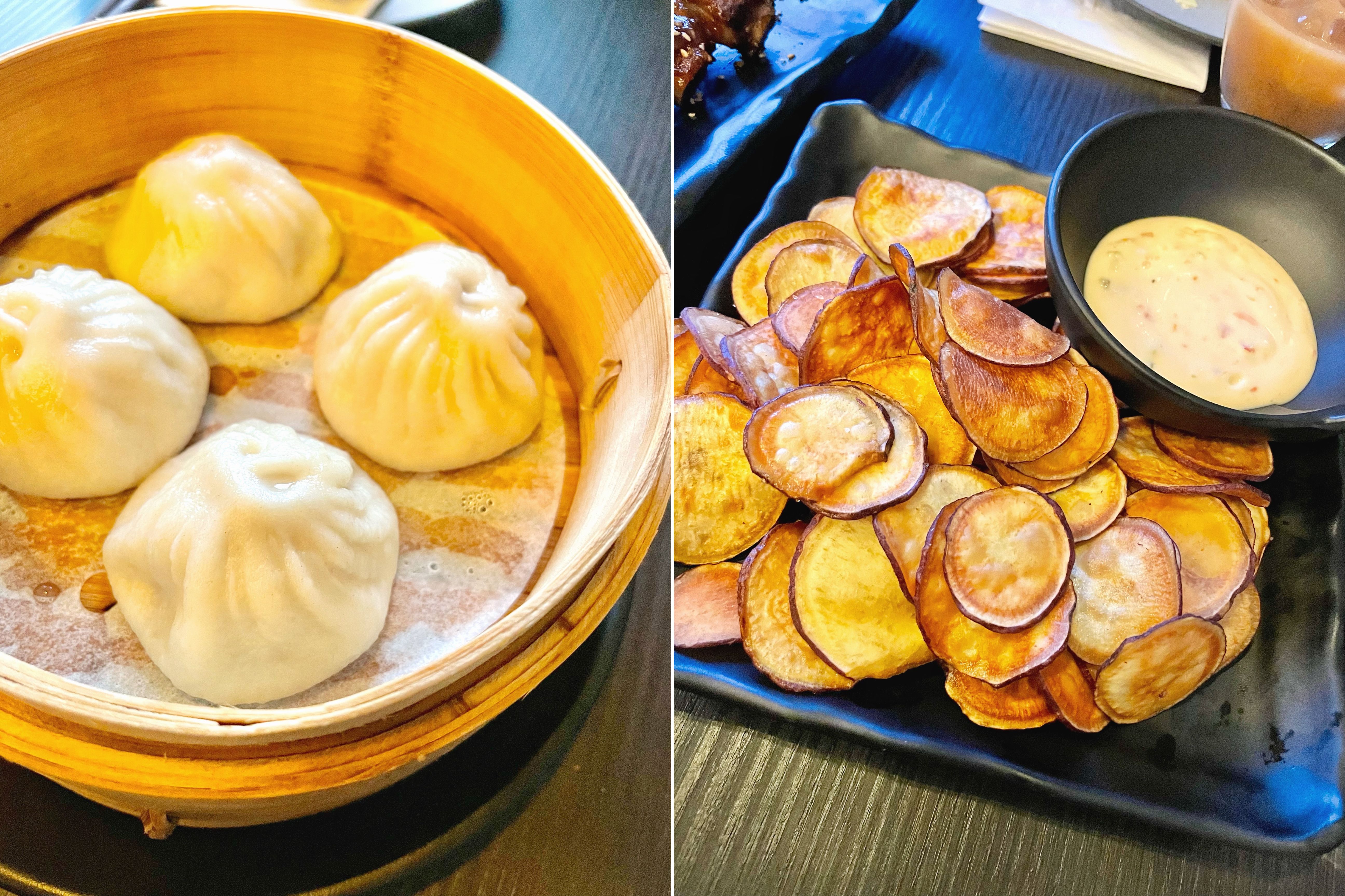 Shanghai soup dumplings with Japanese sweet potato chips.