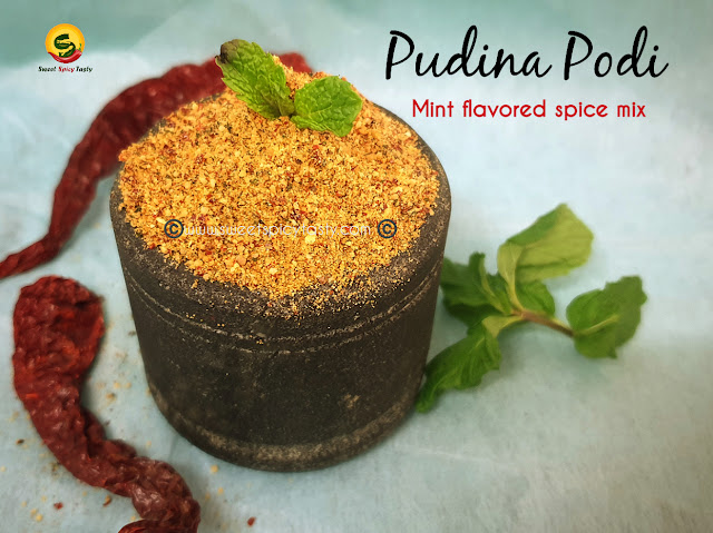 Pudina podi is an aromatic and flavorful spice mix made by roasting and blending udad dhall , chillies and fresh mint leaves. Pudina pudi ,mint podi , pudina karram podi , mint flavored spice blend , mint masala , pudina masala