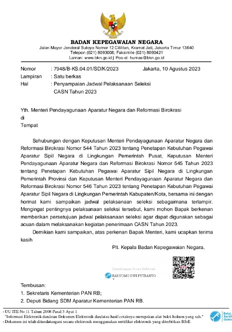 Surat Penyampaian Jadwal Pelaksanaan Seleksi CPNS dan PPPK Tahun 2023