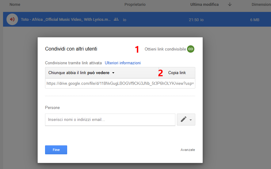 Link condivisione file audio Google Drive