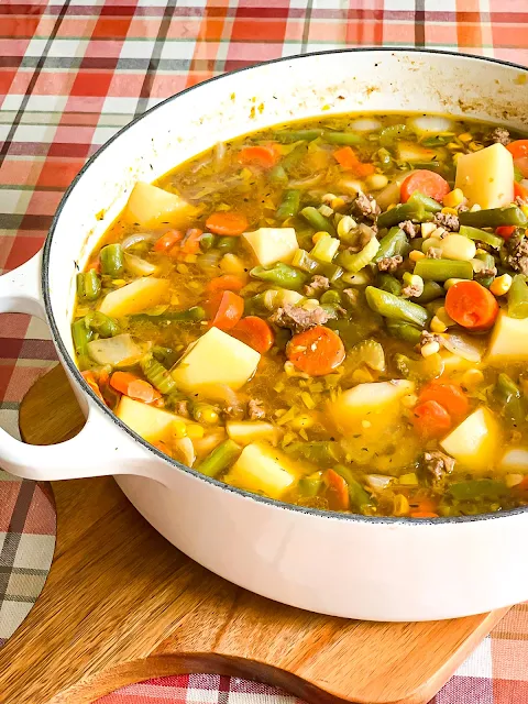 Hamburger Soup is warming and satisfying, loaded with vegetables.  Ideal comfort food on cold nights.