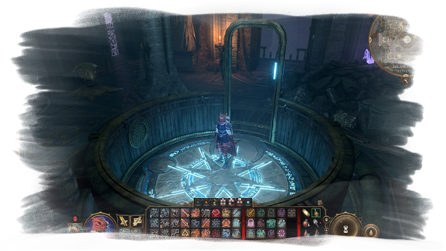 A character is standing on a circular, glowing platform located inside a tube-like structure with a door behind the character.