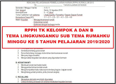 RPPH TK Kelompok A dan B Tema Lingkunganku Sub Tema Rumahku Tahun 2019/2020