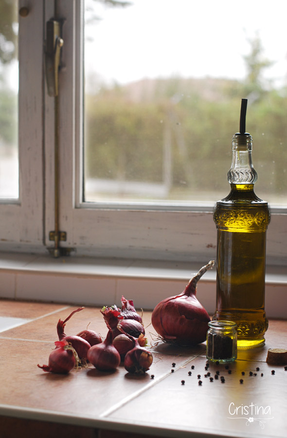 cebollas rojas,  aceite de oliva y pimienta