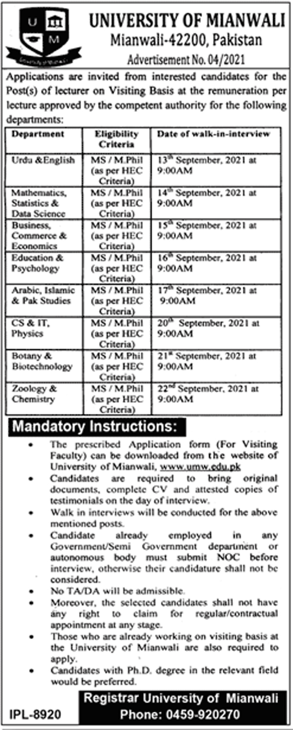 University of Mianwali Jobs 2021