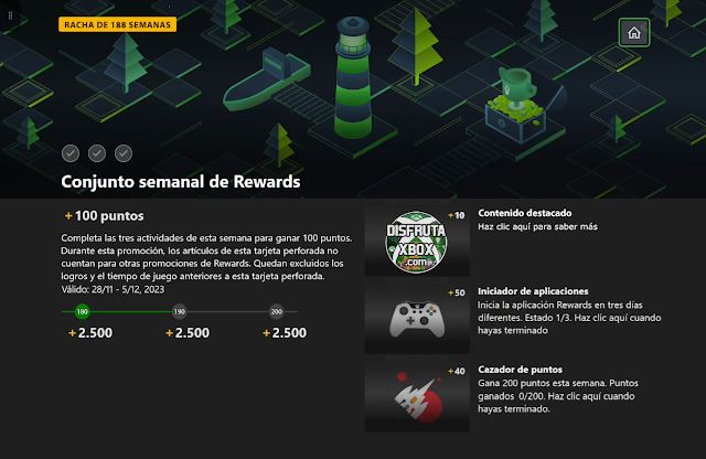 Conjunto semanal de Rewards: 100 puntos (188 Semanas completadas)