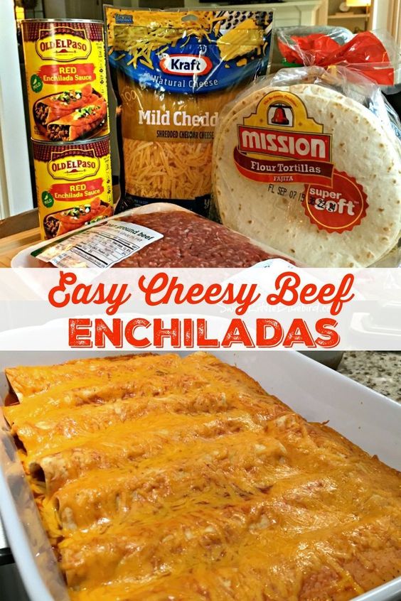 EASY CHEESY BEEF ENCHILADAS - Go-to family favorite for almost two decades. With just four ingredients and under an hour from start to finish, these cheesy, beefy, saucy enchiladas are a cinch to make, always a hit! #BeefEnchiladas #Easy #Recipe #Mexican #Maindish