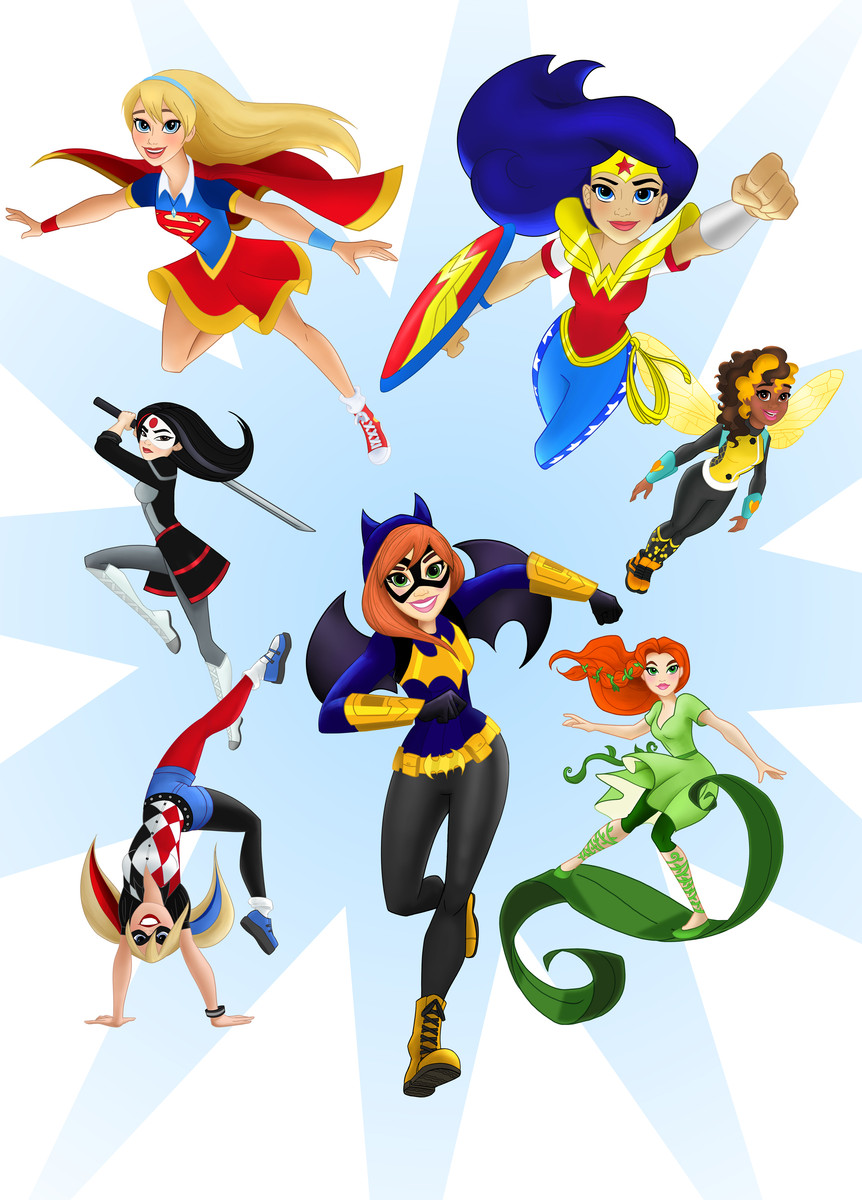 Young, newly designed versions of Supergirl, Wonder Woman, Batgirl, Katana, Bumblebee, Poison Ivy, and Harley Quinn flying, running, and/or jumping towards the viewer