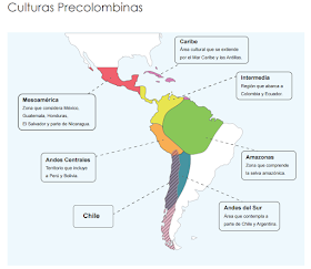 mapa com indicação das culturas pre-colombinas na América do Sul, Central e parte do México  