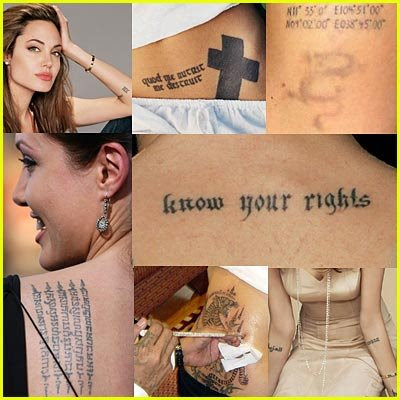 Just look at the tattoos on Angelina Jolie's body. So many! Just look at the tattoos on Angelina Jolie's body. So many!