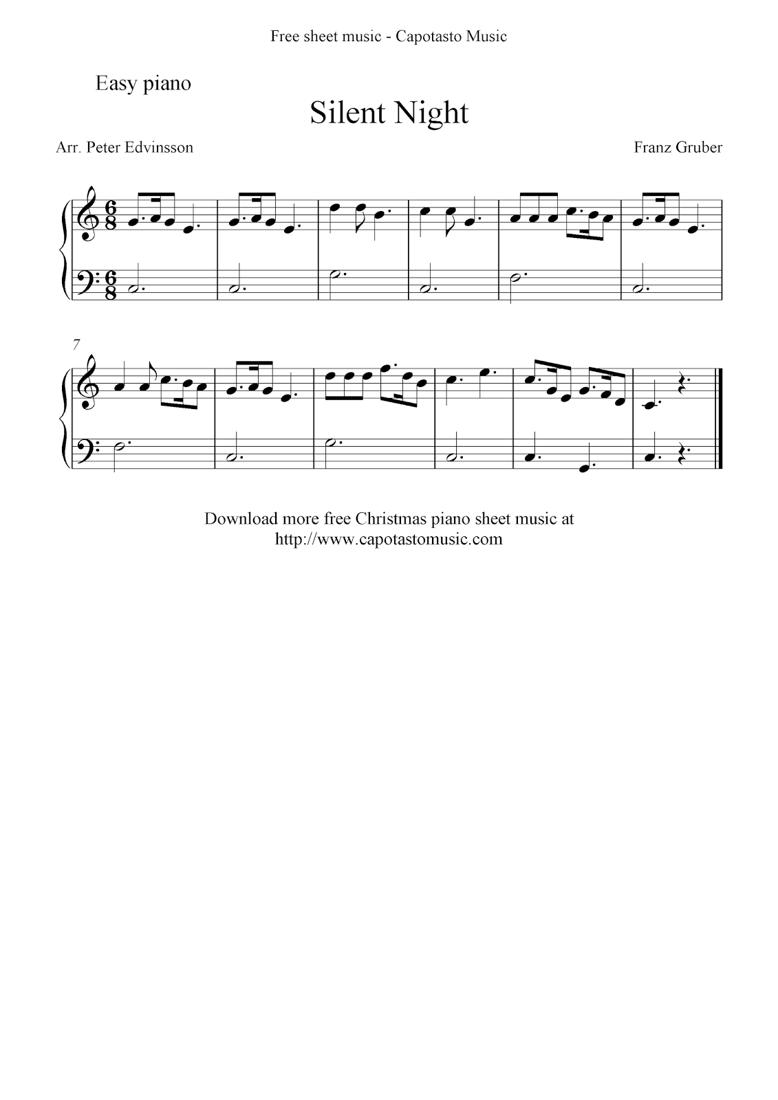 Free easy Christmas piano sheet music, Silent Night