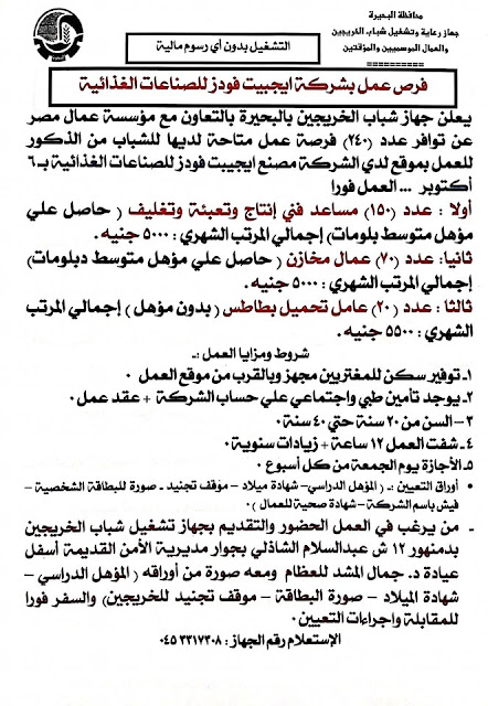 وظائف وفرص عمل من خلال جهاز رعاية وتشغيل الشباب بشركة ايجيبت فودز وسنتر شاهين وشركة المتحدة للمنظفات