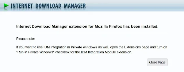 IDM Integration Module extension for Mozilla Firefox has been installed