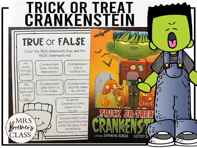 Trick or Treat Crankenstein book activities unit with printables, literacy companion activities, reading worksheets, and a craft for Halloween in Kindergarten and First Grade