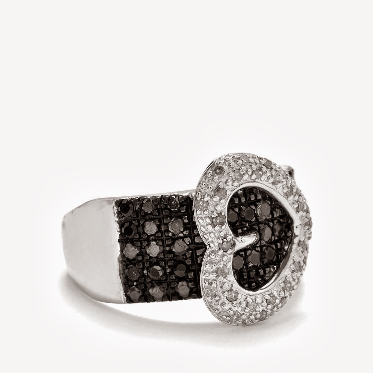 The Diamond Buckle Ring contains black and white diamonds set into ...