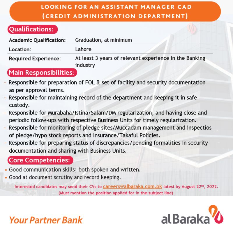 Al Baraka Bank (Pakistan) Limited For Assistant Manager CAD
