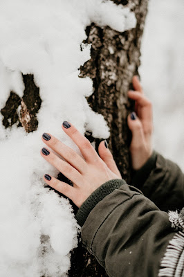 Manos sobre un tronco con nieve