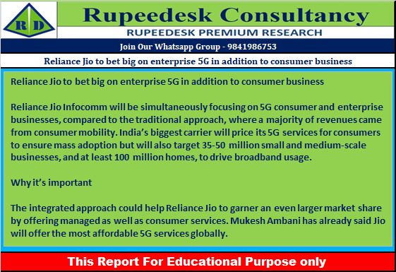Reliance Jio to bet big on enterprise 5G in addition to consumer business - Rupeedesk Reports - 03.10.2022