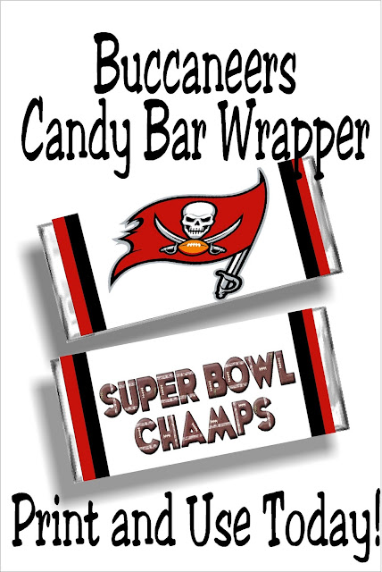 Whether you are a Tom Brady fan or a fan of the warmth of Florida or just love the Buccaneers, this candy bar is perfect for your Super Bowl party.  Simply save and print to have the yummiest football party favors to enjoy.