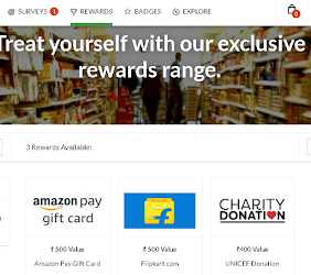 Rewards section of valued opinions showing amazon,flipkart and unicef gift card