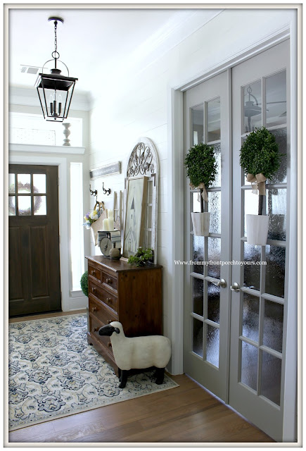 French Country-French Farmhouse-Foyer-Carriage House Lighting-Vintage Chest Of Drawers-Shiplap-From My Front Porch To Yours