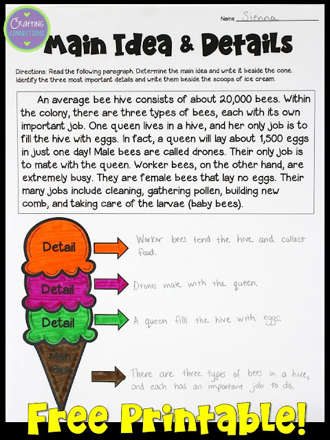 Learning about main idea and supporting details is FUN when you use the ice cream cone analogy! This blog post contains a main idea anchor chart activity and a FREE main idea worksheet. Everything you need for one main idea lesson is available here.