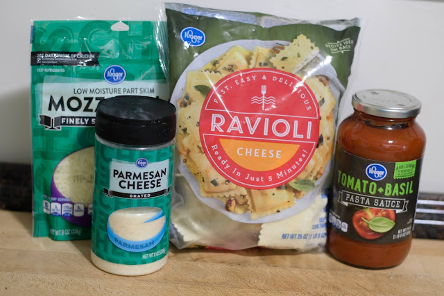 The ingredients needed to make the easy baked ravioli recipe. 