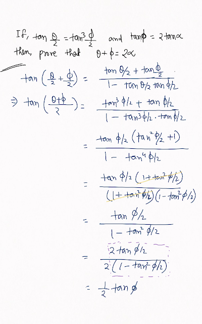If tan (theta/2) = tan^3(phi/2) and tan phi=2 tan alpha then prove that theta+alpha =2 alpha
